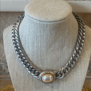 Silver and Gold Chain 14” Necklace with Pearl Accent